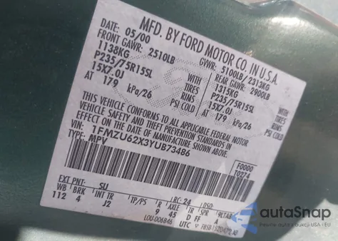 2000 Ford Explorer Xls z USA, uszkodzony, nr VIN 1FMZU62X3YUB73486